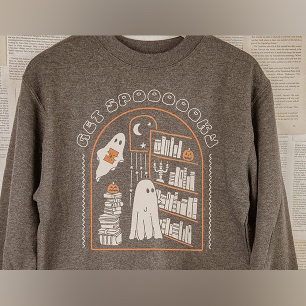 Gray graphic ghosts and books Halloween sweatshirt